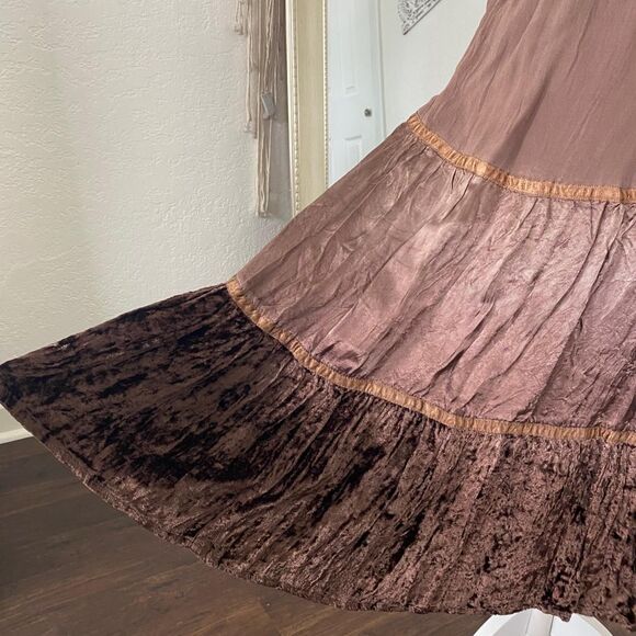 Ethereal Fairy Grunge Brown Tan Velvet Satin Flowy Midi Maxi Rayon Skirt S - Picture 2 of 6